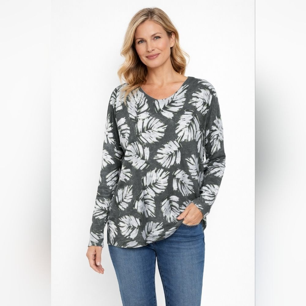 J. Jill pail Green Leaf Print Linen Blend Knit Long Sleeve Sweater oversized S